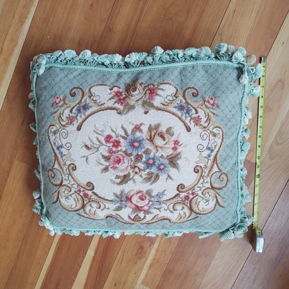 Country French Needlepoint Pillow w Tassel Fringe & Velvet backing 18" x 20"